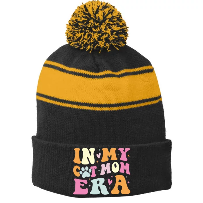 In My Cat Mom Era Cute Cat Mom Stripe Pom Pom Beanie