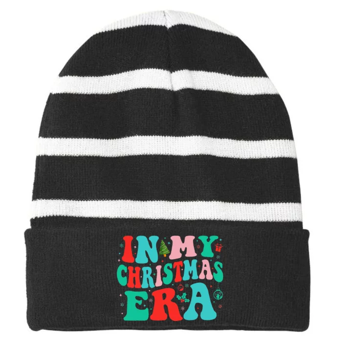 In My Christmas Era Cute Groovy Christmas Holiday Striped Beanie with Solid Band