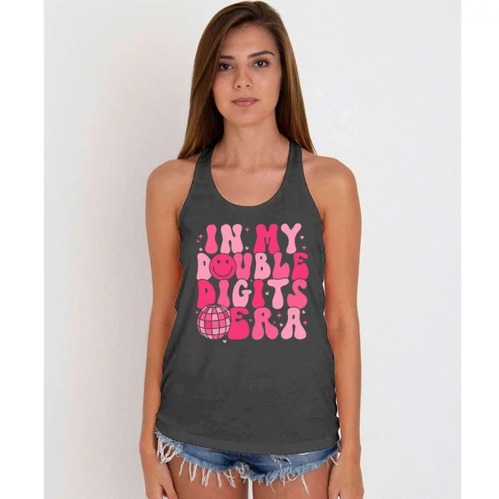 In My Double Digits Era Happy 10th Birthday Groovy Girl Women's Knotted Racerback Tank