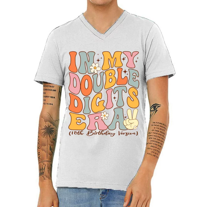 In My Double Digits Era 10th Birthday Groovy Retro Girl Boy V-Neck T-Shirt