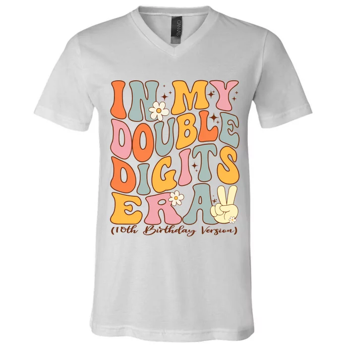 In My Double Digits Era 10th Birthday Groovy Retro Girl Boy V-Neck T-Shirt