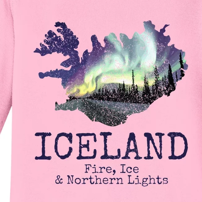 Iceland Map Fire Ice Northern Light Icelandic Souvenir Baby Long Sleeve Bodysuit