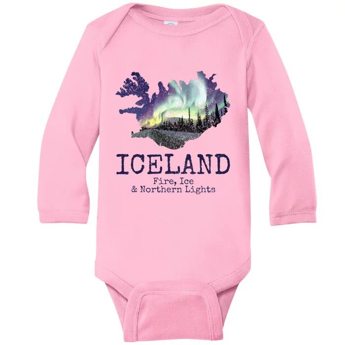 Iceland Map Fire Ice Northern Light Icelandic Souvenir Baby Long Sleeve Bodysuit