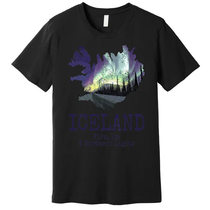 Iceland Map Fire Ice Northern Light Icelandic Souvenir Premium T-Shirt