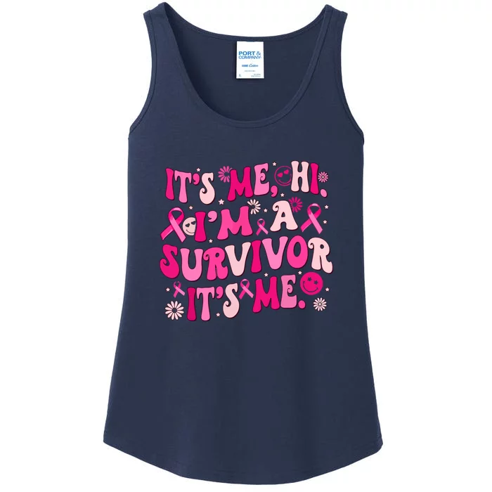 Its Me Hi Im Survivor Groovy Breast Cancer Awareness Gift Ladies Essential Tank