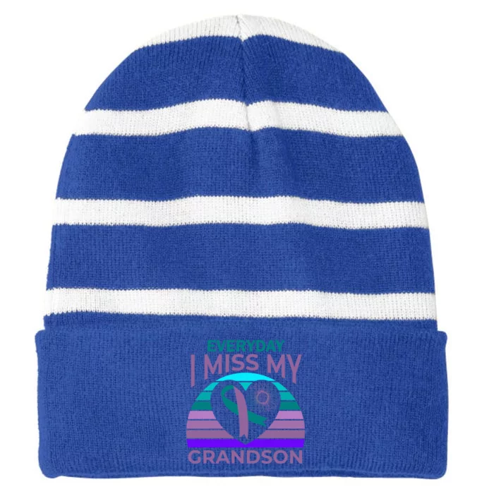 I Miss My Grandson Heart Suicide Awareness Grandma Gift Striped Beanie with Solid Band