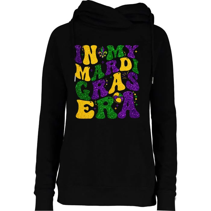 In My Mardi Gras Era Retro Groovy Fleur De Lis Fat Tuesday Womens Funnel Neck Pullover Hood