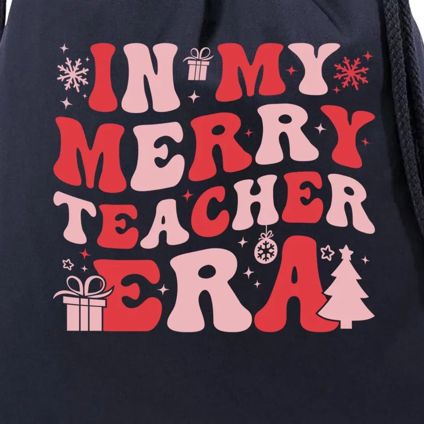 In My Merry Teacher Era Groovy Teacher Christmas Gift Drawstring Bag