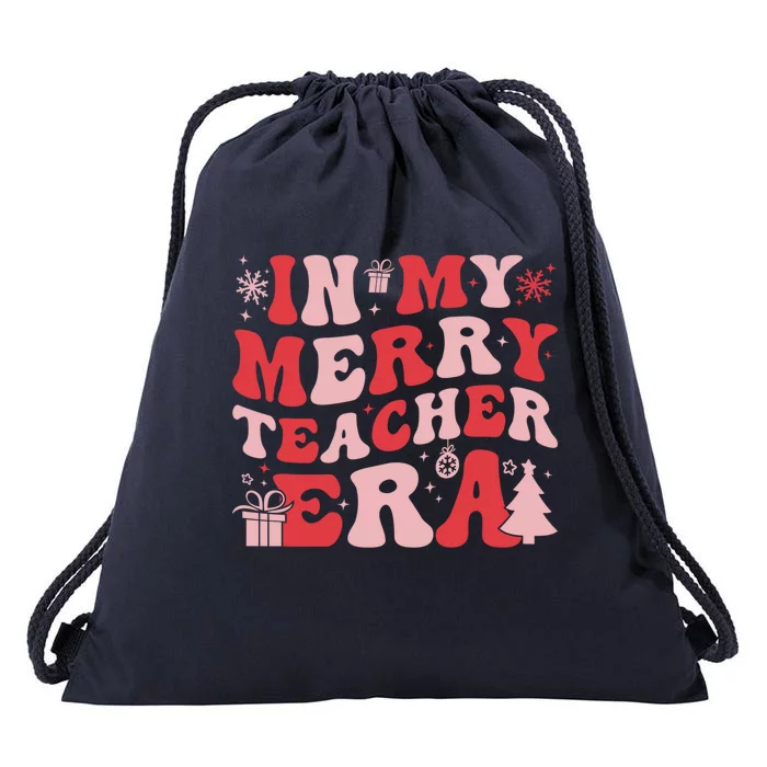 In My Merry Teacher Era Groovy Teacher Christmas Gift Drawstring Bag