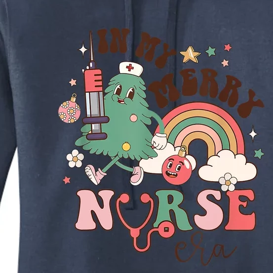 In My Merry Nurse Era Retro Groovy Nurse Christmas Tree Xmas Gift Women's Pullover Hoodie