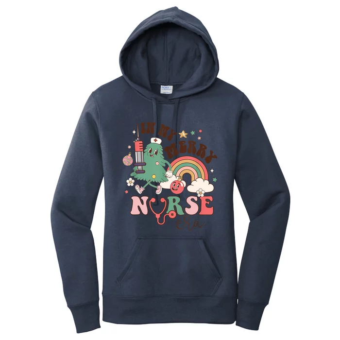 In My Merry Nurse Era Retro Groovy Nurse Christmas Tree Xmas Gift Women's Pullover Hoodie