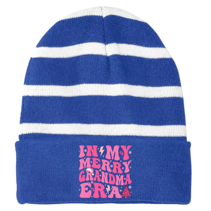 In My Merry Grandma Era Groovy Pink Christmas Grandma Gift Striped Beanie with Solid Band