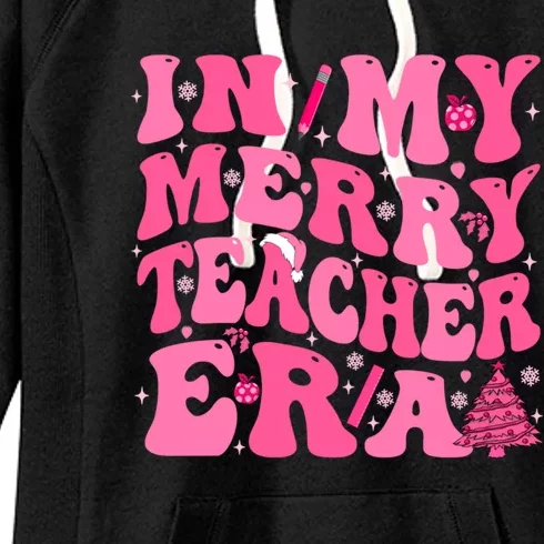 In My Merry Teacher Era Groovy Pink Christmas Teacher Gift Women's Fleece Hoodie