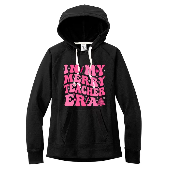 In My Merry Teacher Era Groovy Pink Christmas Teacher Gift Women's Fleece Hoodie