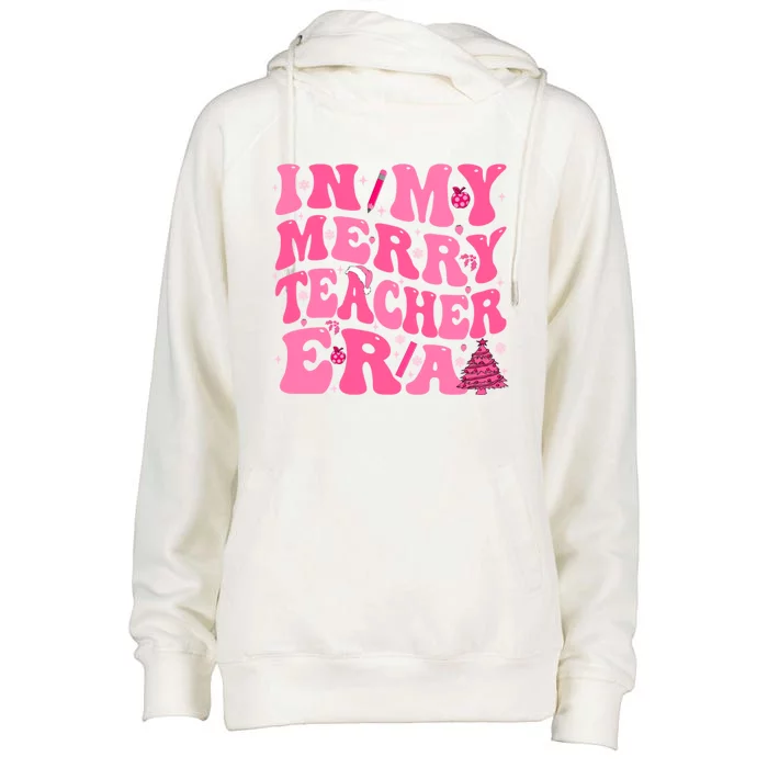 In My Merry Teacher Era Groovy Pink Christmas Teacher Gift Womens Funnel Neck Pullover Hood