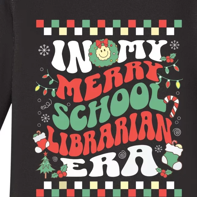 In My Merry School Librarian Era Retro Groovy Christmas Baby Long Sleeve Bodysuit