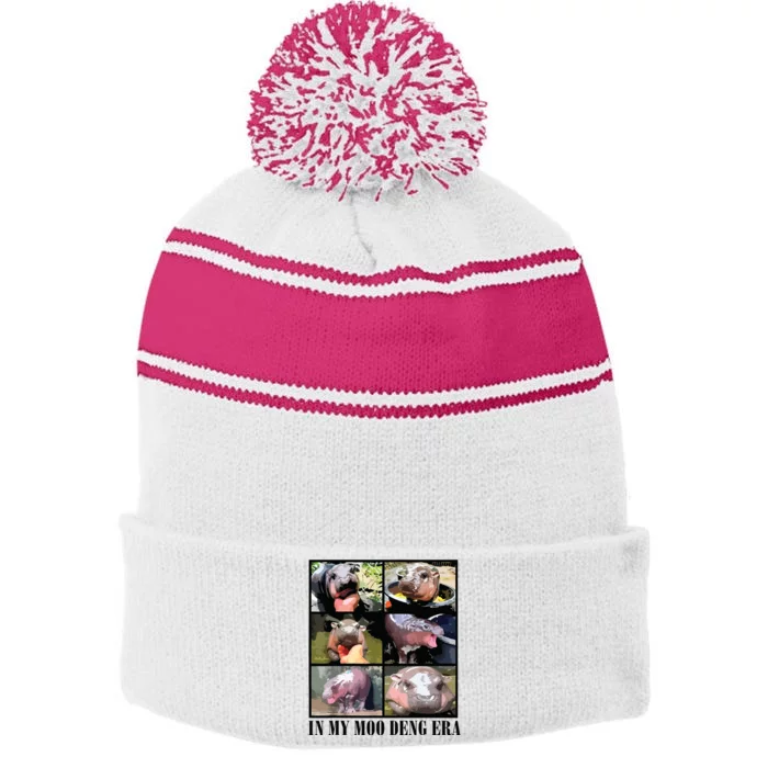 In My Moo Deng Era  Moo Deng Lover Stripe Pom Pom Beanie