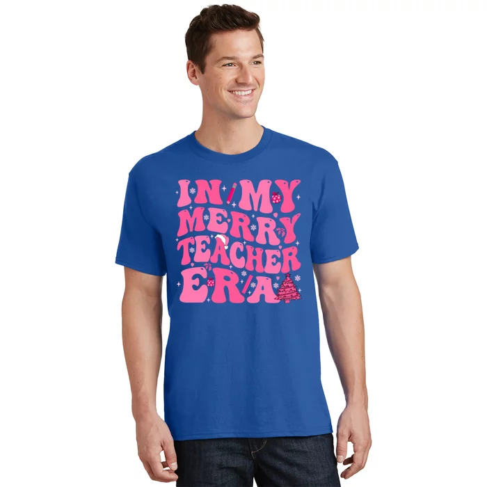 In My Merry Teacher Era Groovy Pink Christmas Teacher Gift T-Shirt