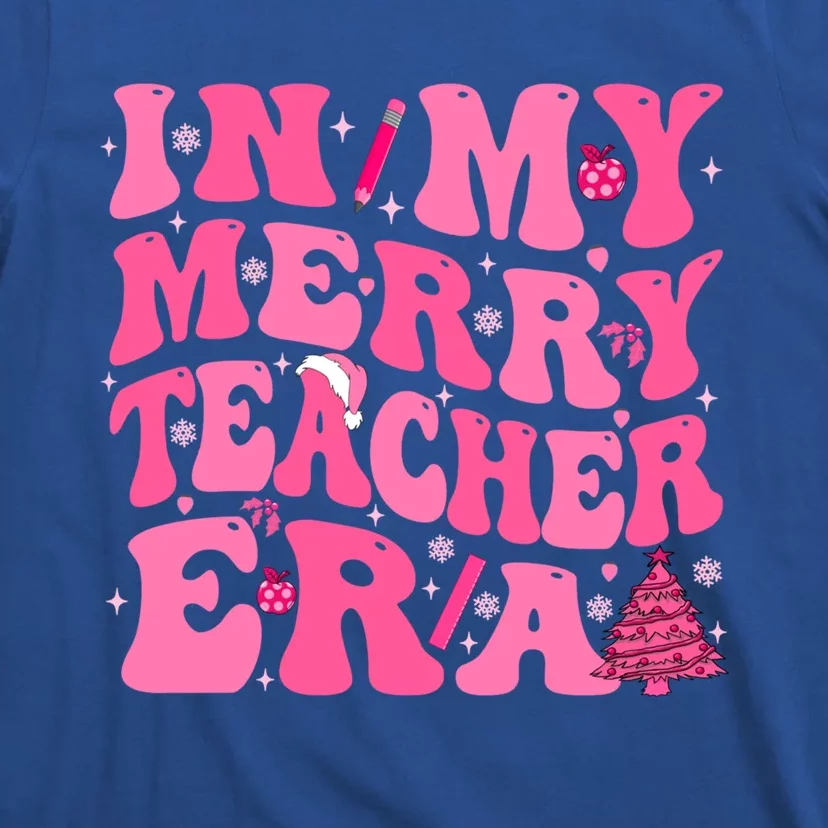 In My Merry Teacher Era Groovy Pink Christmas Teacher Gift T-Shirt