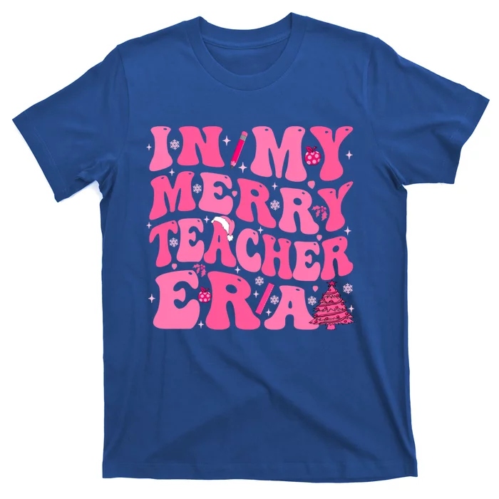 In My Merry Teacher Era Groovy Pink Christmas Teacher Gift T-Shirt