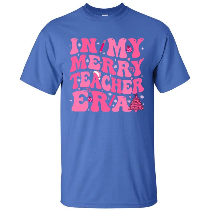 In My Merry Teacher Era Groovy Pink Christmas Teacher Gift Tall T-Shirt