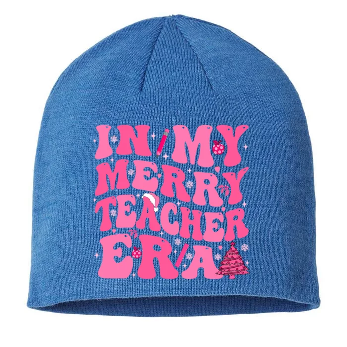 In My Merry Teacher Era Groovy Pink Christmas Teacher Gift 8 1/2in Sustainable Knit Beanie