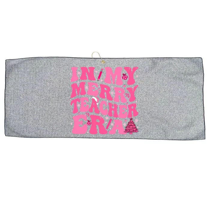 In My Merry Teacher Era Groovy Pink Christmas Teacher Gift Large Microfiber Waffle Golf Towel