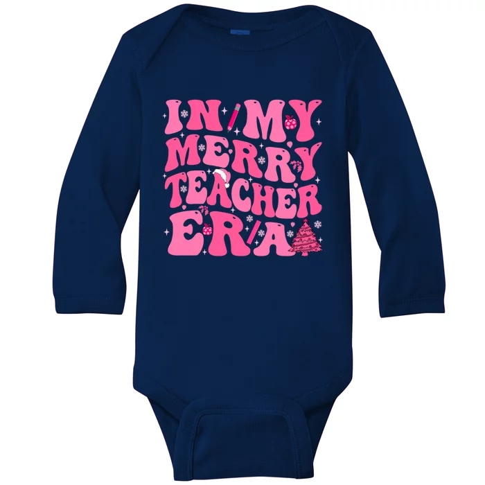 In My Merry Teacher Era Groovy Pink Christmas Teacher Gift Baby Long Sleeve Bodysuit