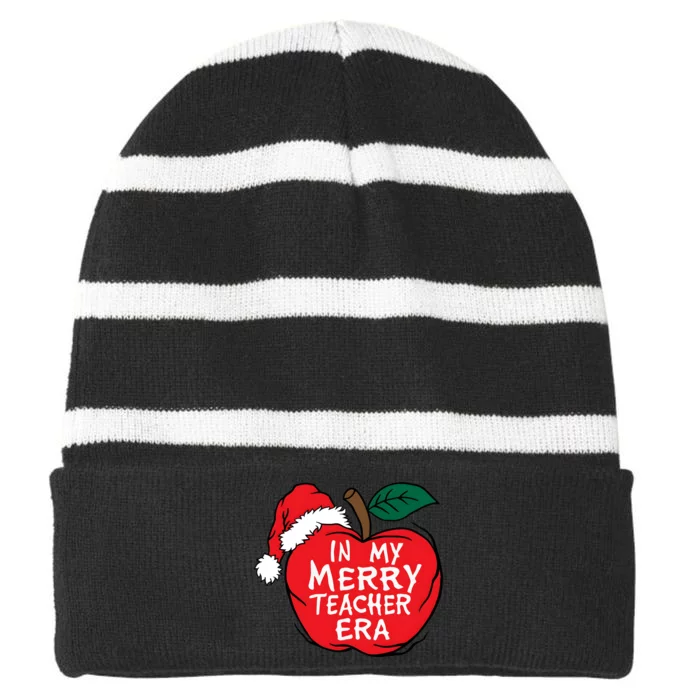 In My Merry Teacher Era Santa Claus Apple Striped Beanie with Solid Band