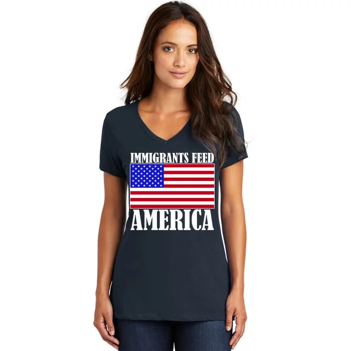 Immigrants Feed America US Flag Women's V-Neck T-Shirt