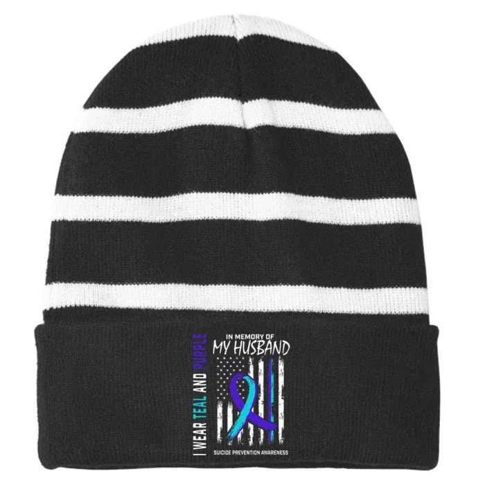 In Memory Of My Husband Suicide Awareness Prevention Flag Striped Beanie with Solid Band