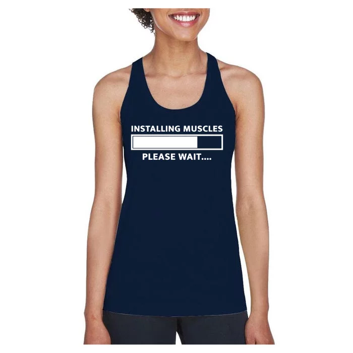 Installing Muscles Please Wait Women's Racerback Tank