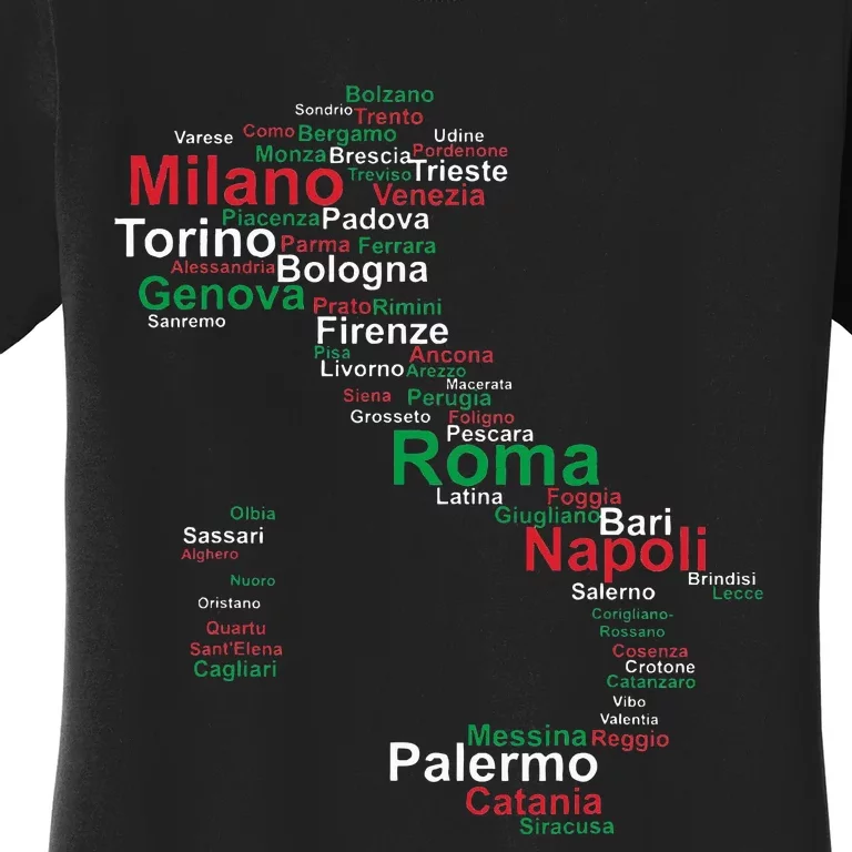 Italy Map Silhouette Flag Towns Cities Rome Travel Europe Women's T-Shirt