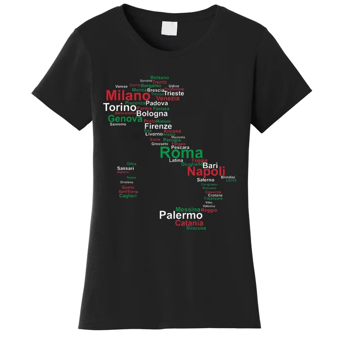 Italy Map Silhouette Flag Towns Cities Rome Travel Europe Women's T-Shirt