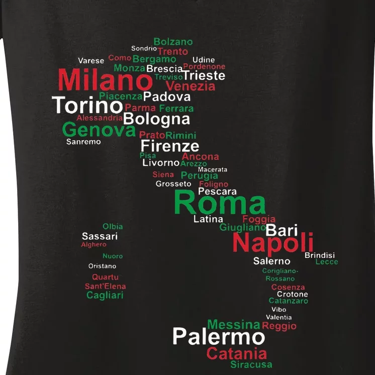 Italy Map Silhouette Flag Towns Cities Rome Travel Europe Women's V-Neck T-Shirt