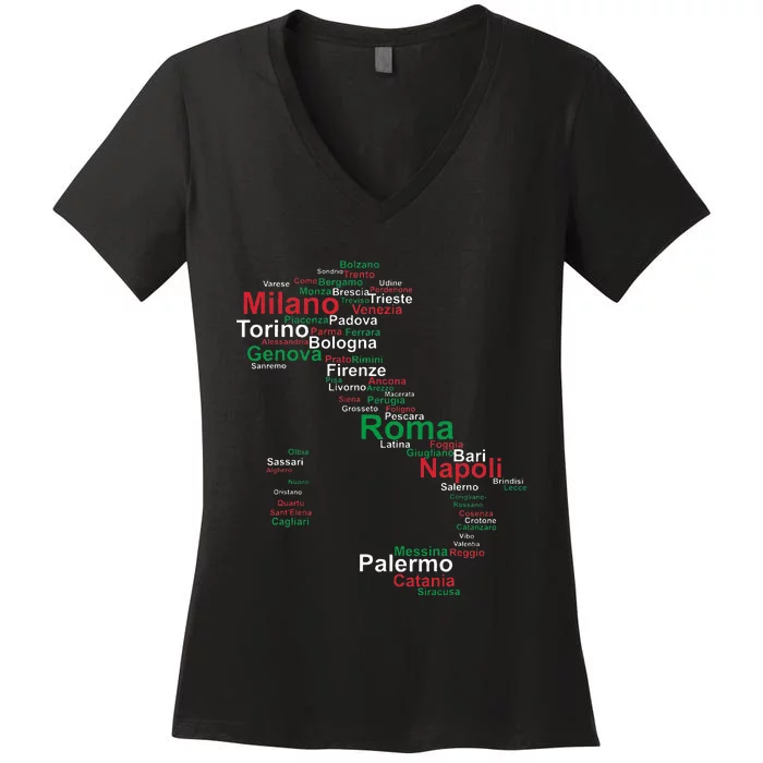 Italy Map Silhouette Flag Towns Cities Rome Travel Europe Women's V-Neck T-Shirt