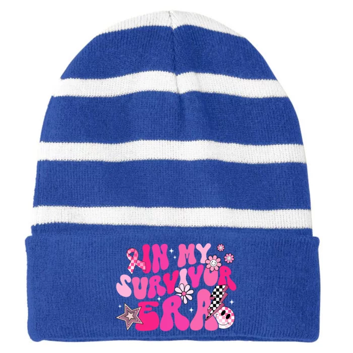 In My Survivor Era Pink Groovy Retro Breast Cancer Awareness Gift Striped Beanie with Solid Band