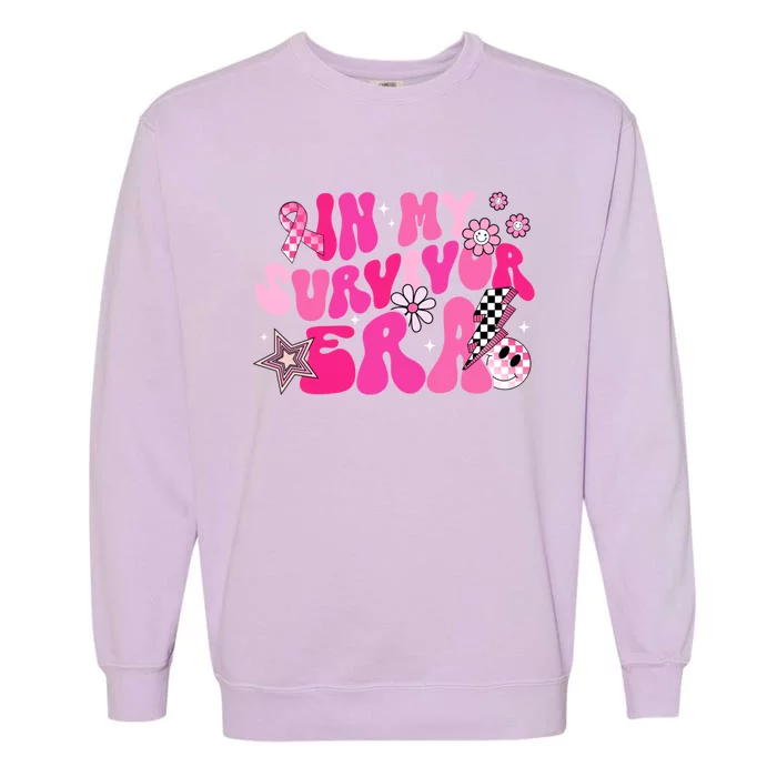 In My Survivor Era Pink Groovy Retro Breast Cancer Awareness Gift Garment-Dyed Sweatshirt