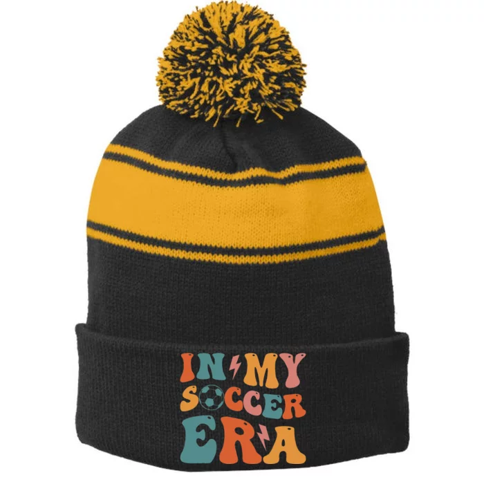 In My Soccer Era Soccer Coach Gift Stripe Pom Pom Beanie