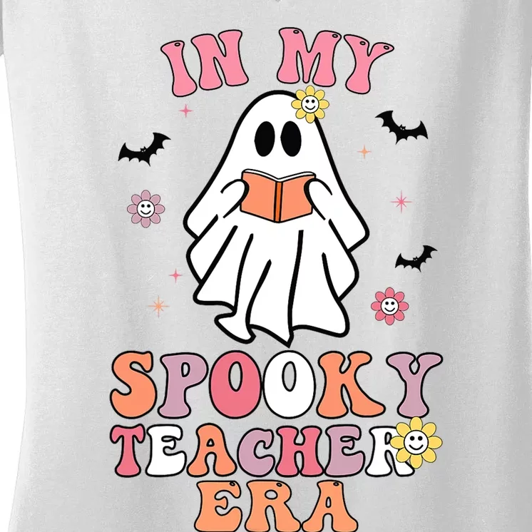 In My Spooky Teacher Era Groovy Hippie Retro Ghost Halloween Women's V-Neck T-Shirt