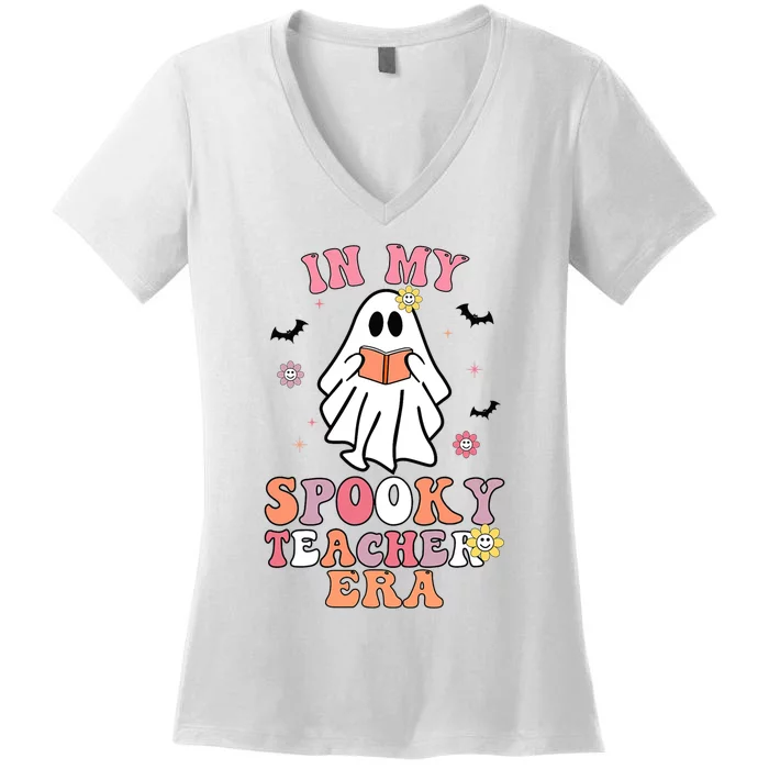 In My Spooky Teacher Era Groovy Hippie Retro Ghost Halloween Women's V-Neck T-Shirt