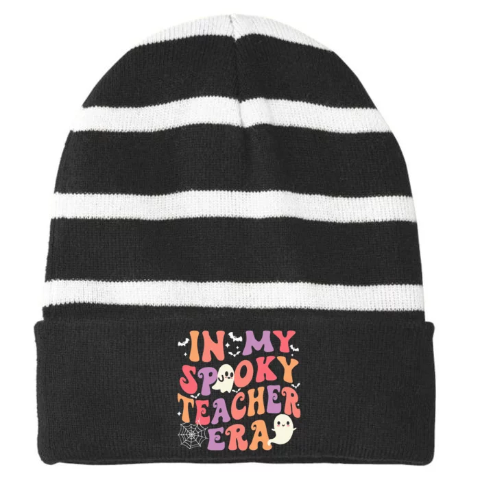 In My Spooky Teacher Era Ghost Halloween Retro Teachers Day Striped Beanie with Solid Band