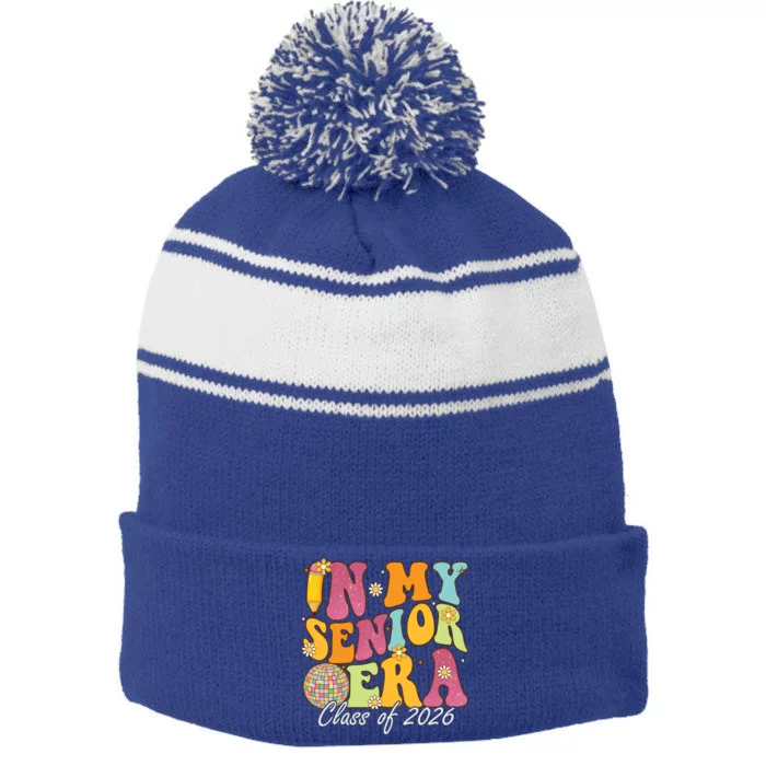 In My Senior Era Class Of 2026 Graduate Retro Groovy Funny Gift Stripe Pom Pom Beanie