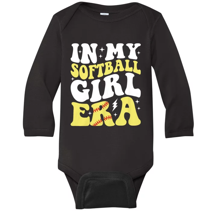 In My Softball Girl Era Retro Groovy Softball Girl Baby Long Sleeve Bodysuit