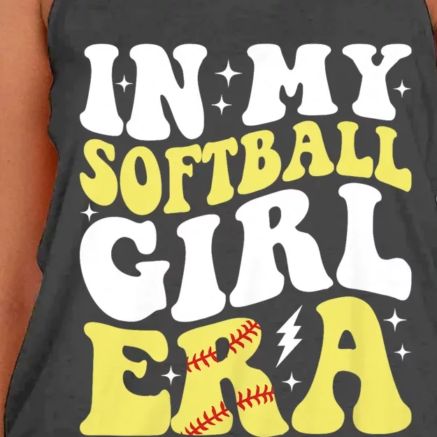 In My Softball Girl Era Retro Groovy Softball Girl Women's Knotted Racerback Tank