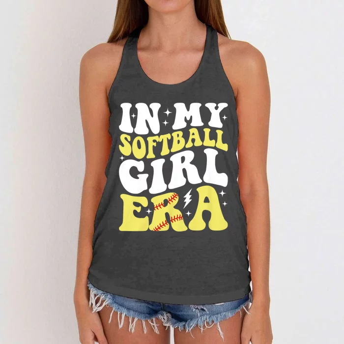 In My Softball Girl Era Retro Groovy Softball Girl Women's Knotted Racerback Tank