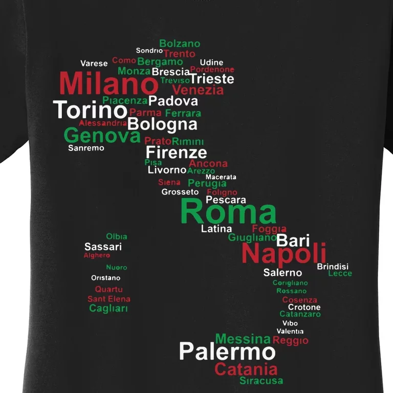 Italy Map Silhouette Flag Towns Cities Rome Travel Europe Women's T-Shirt