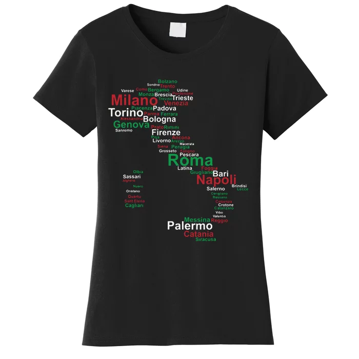 Italy Map Silhouette Flag Towns Cities Rome Travel Europe Women's T-Shirt