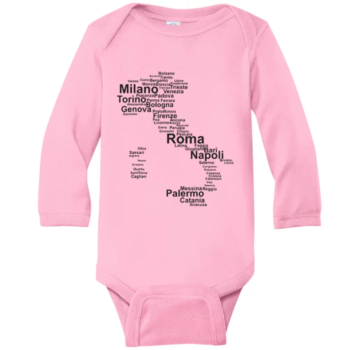 Italy Map Silhouette Towns Cities Rome Milan Travel Europe Baby Long Sleeve Bodysuit