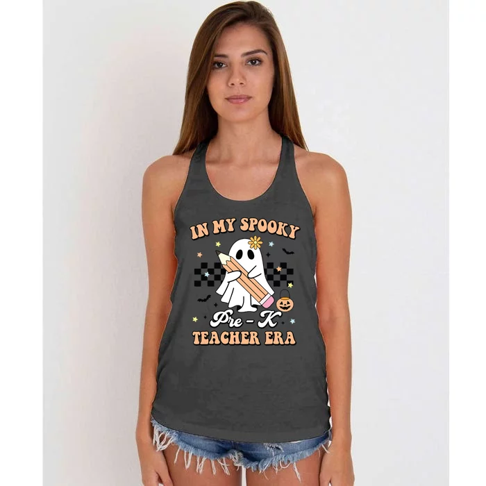 In My Spooky Pre K Teacher Era Cute Ghost Funny Halloween Women's Knotted Racerback Tank